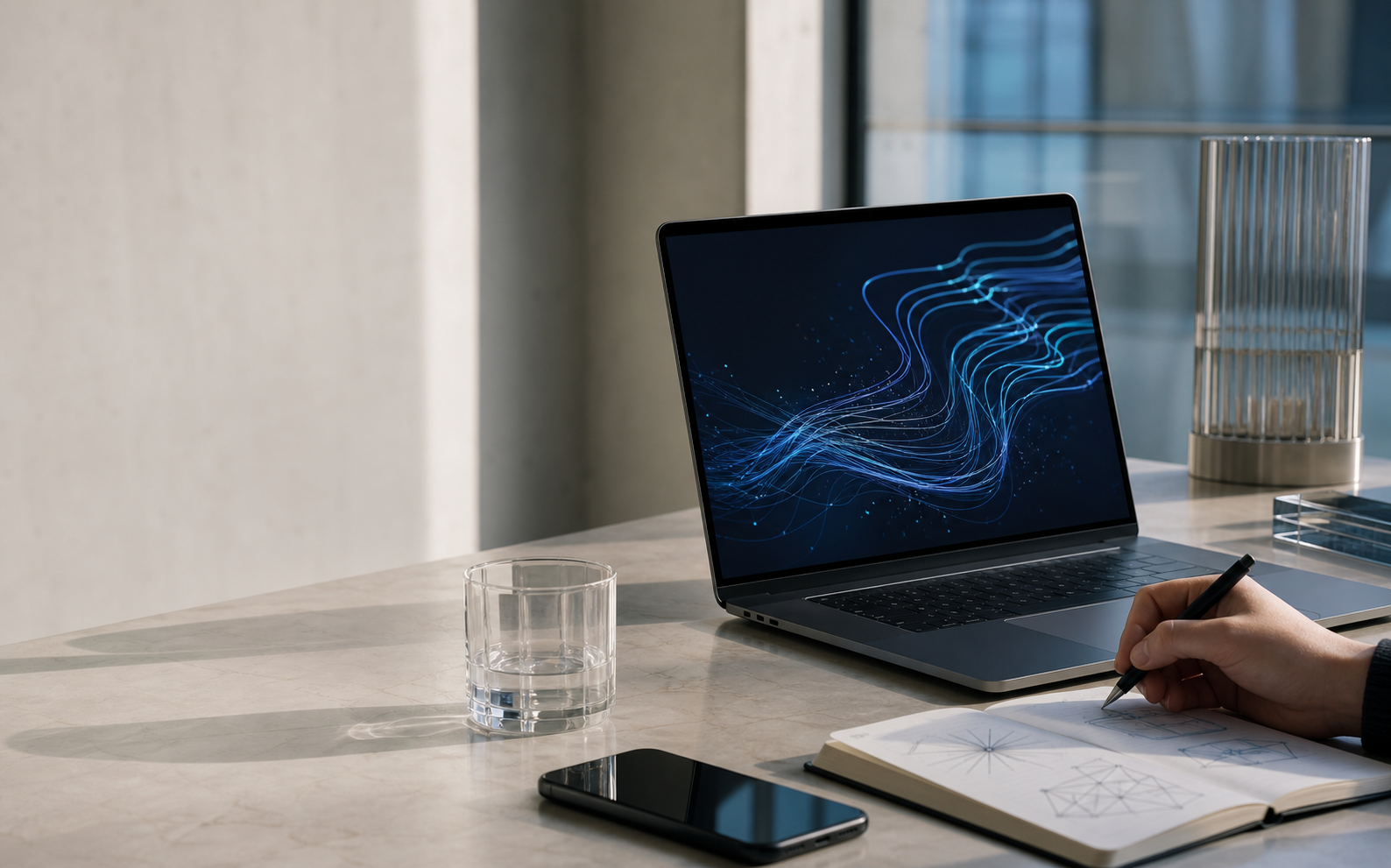 Scrivania di lavoro con laptop, appunti e visualizzazione di flussi digitali